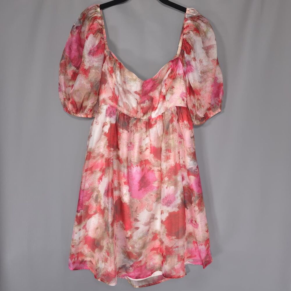 LULUS Womens New Babydoll Mini Dress MEDIUM Floral Watercolor Puff Sleeve Open B